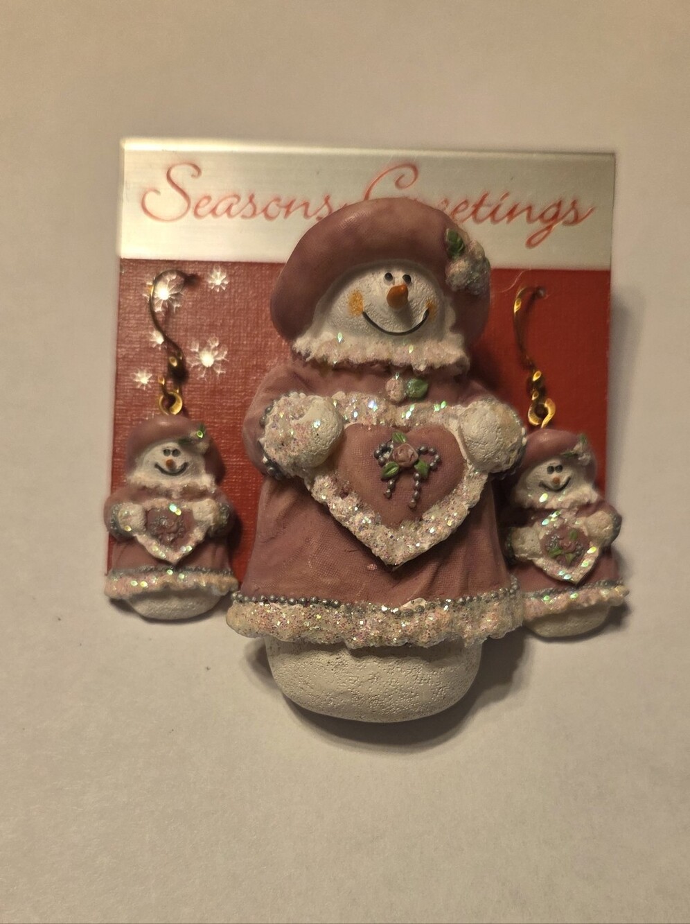 Pink Snowwoman Earring And Brooch Set